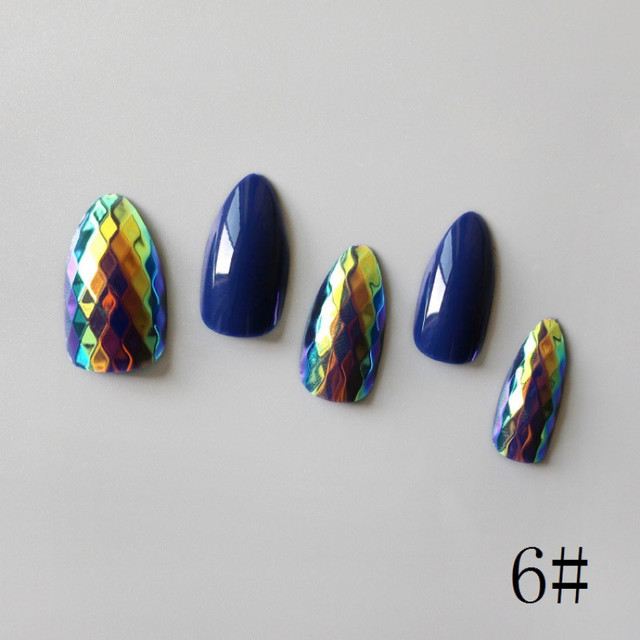 3D Shining Laser Diamond Scales Fake Nails Full Cover Long Almond Detachable False Nails Manicure Decoration Tools