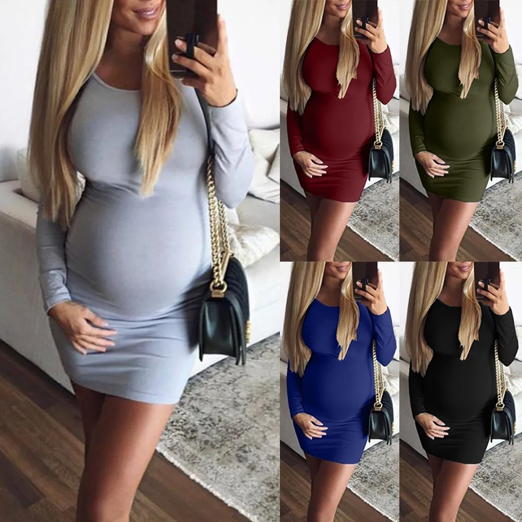 Осенние платья для беременных женщин с круглым вырезом и длинными рукавами, Однотонные эластичные облегающие платья для беременных, платья для фотосъемки, S-2XL