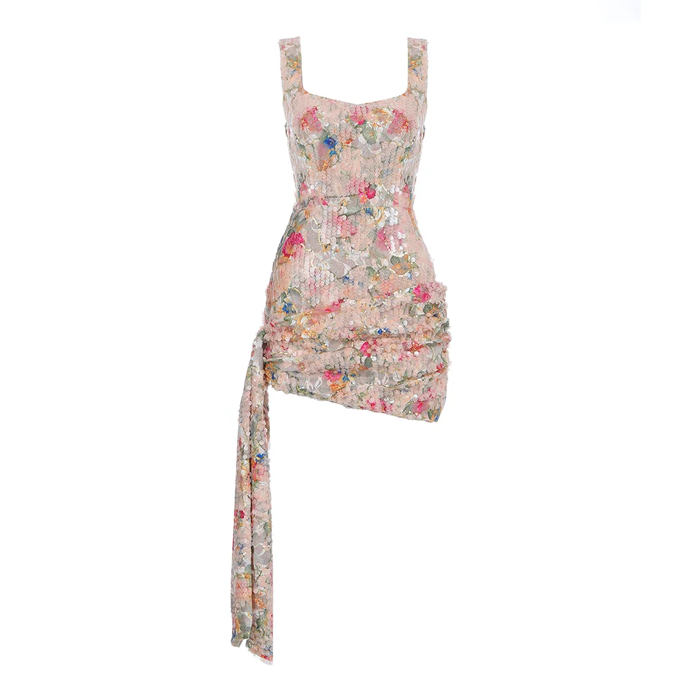 Floral Dress Karlofea, новинка, элегантное платье с цветочным рисунком и блестками, для офиса, для девушек, для вечеринки, роскошное мини-платье, шикарное, боковое, с рюшами, с запахом, для клуба, Vestidos - Цвет: Floral Dress