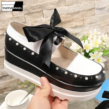 

Autumn Women Bowknot Lace Up Wedges Shoes Hollow Out Genuine Leather Platform Shoes Color Mixed Pearls Bead Sweet Ladies Pumps
