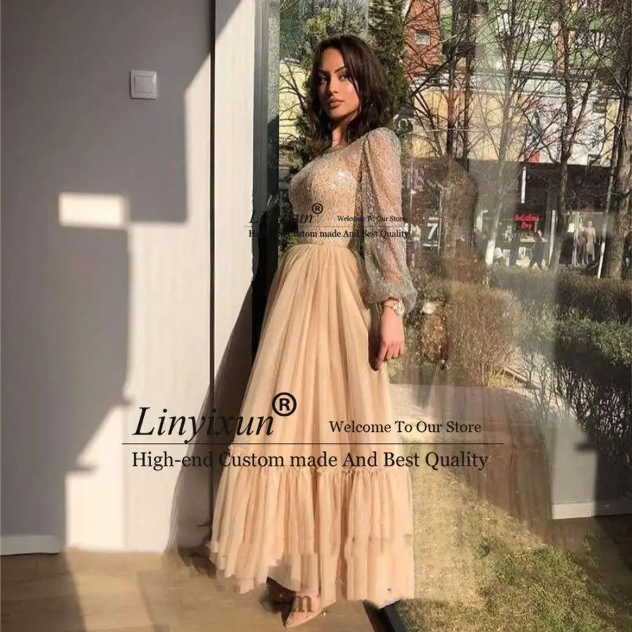 long prom dresses 2021 Modest Champagne A Line Tulle Prom Dresses Sparkly Long Sleeves Sheer Scoop Neck Ankle Length Formal Evening Gowns satin prom dress Prom Dresses