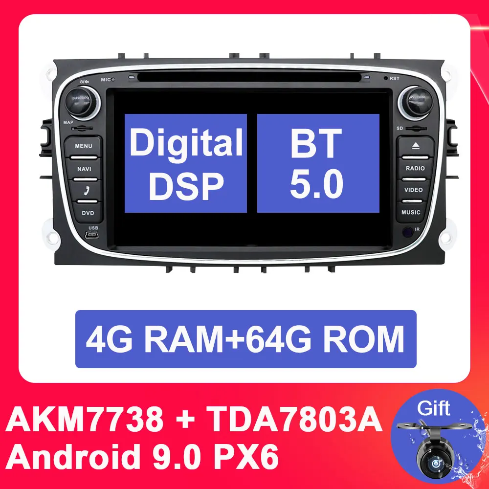 Eunavi 2 din Android 9,0 PX6 автомобильный DVD мультимедийный плеер для FORD Focus Mondeo S-MAX C-MAX Galaxy 4G 64G радио 2din gps BT5 - Цвет: PX6 4G 64G DSP B