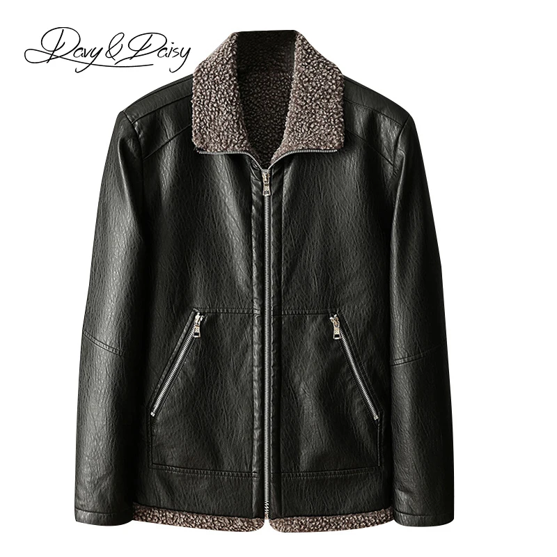

DAVYDAISY 2019 New Arrival Man Jacket Fur Turn Down Collar PU Leather Jackets Man Winter Think Outwear Coat Brand DCT-281