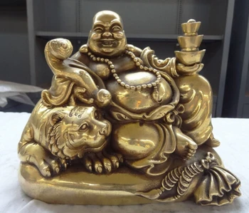 

ymying10" China Brass RuYi Wealth YuanBao Coin Happy Maitreya Buddha Ride Tiger Statue