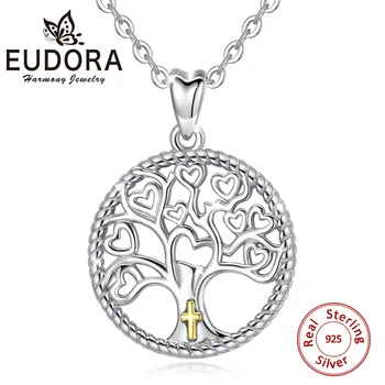 

EUDORA 925 Sterling Silver Tree of Life Pendant Necklaces Women Heart Tree Necklace with gold cross Sterling Silver Jewelry D474