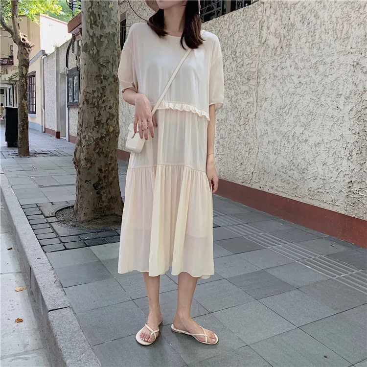 Женское летнее длинное шифоновое платье с оборками, Vestidos, большие размеры, халат Longue Femme Ete, милое Sukienki, бежевое, Sommerkleid Jurken