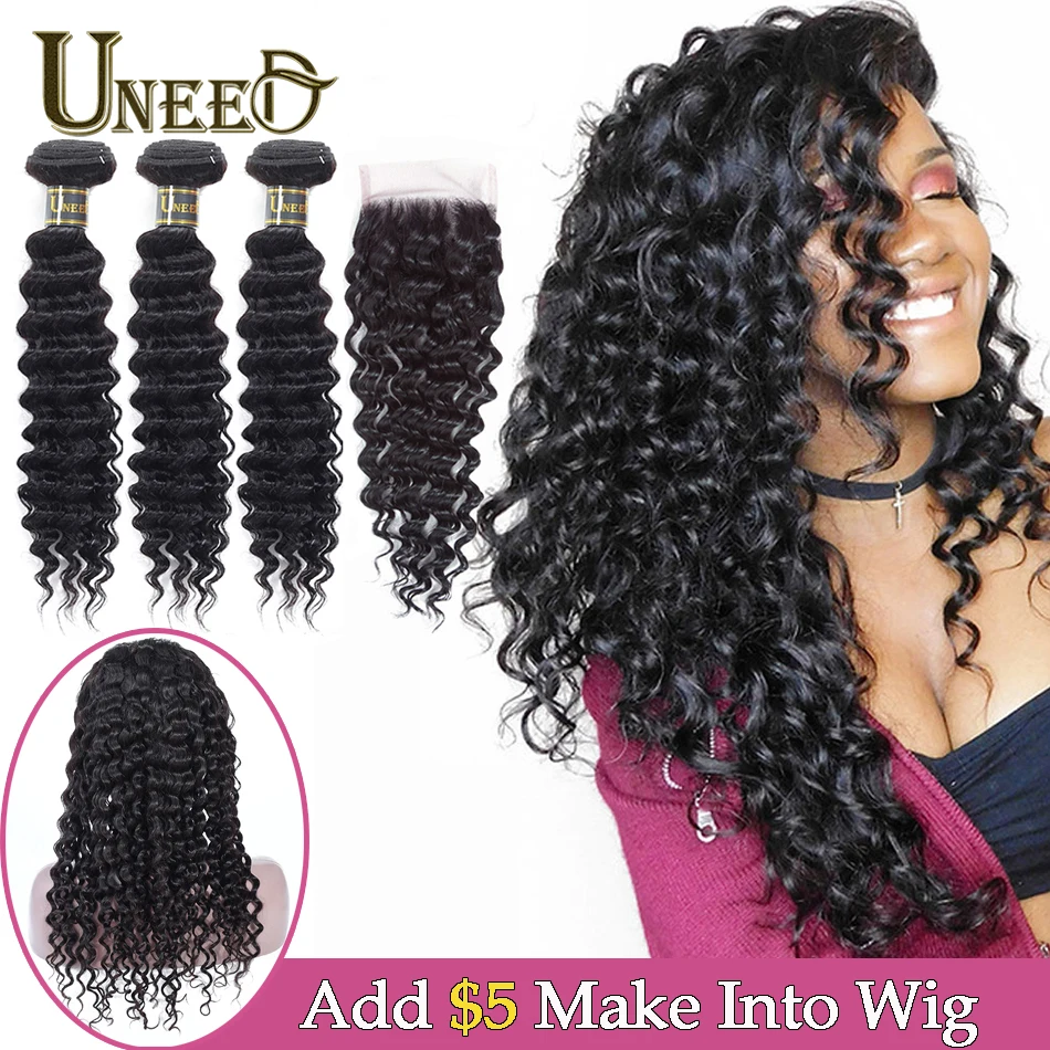 

Uneed Hair Deep Wave Human Hair Wig Glueless Lace Front wigs 200%-250% Density Made by 2/3 Brazilian Bundles with 4*4 Closure