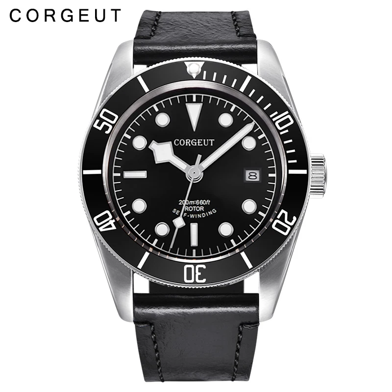 white black bezel Corgeut Watche Мужские автоматические военные наручные часы Schwarz Bay кожаные водонепроницаемые спортивные мужские часы для плавания Relogio Masculino - Цвет: white black bezel