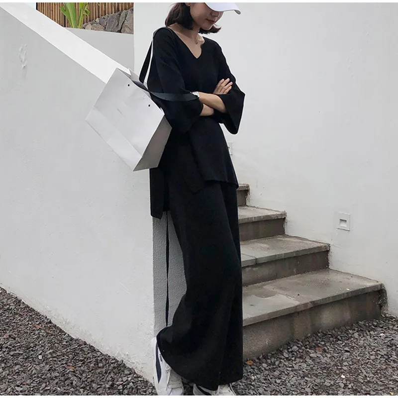 Женский комплект из 2 предметов, 4XL, вязаный свитер, широкие штаны для женщин, комплект из двух предметов, вязаный пуловер с v-образным вырезом, топ и штаны, два комплекта для женщин