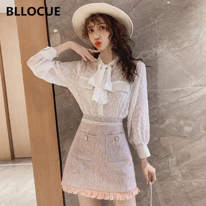 bllocue-2020-new-spring-women-office-sets-women's-bow-lace-up-chiffon-blouse-shirt-tweed-tassel-mini-skirt-2-piece-set