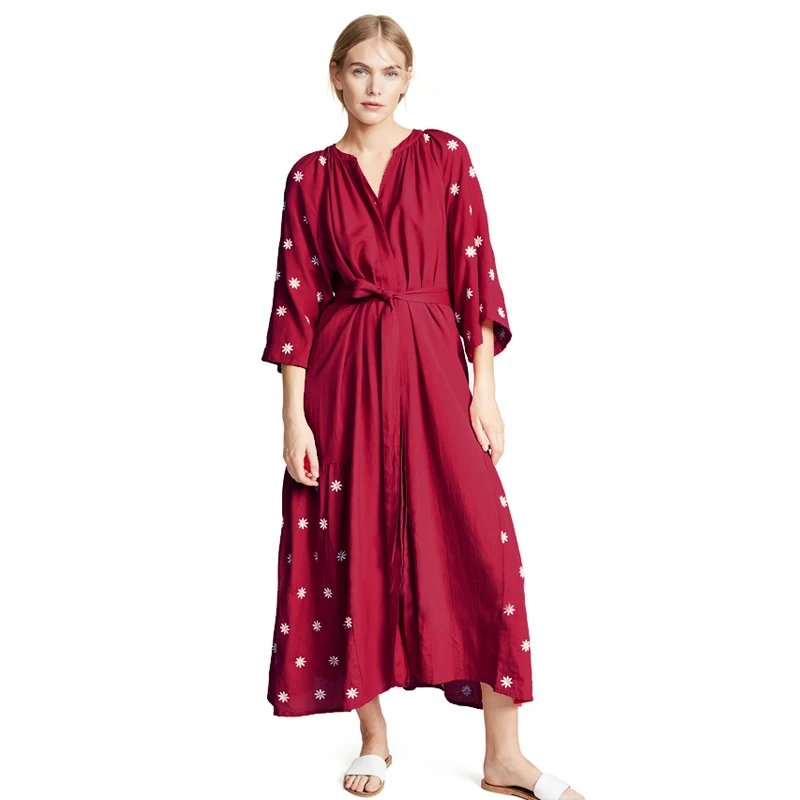 

Boho Summer Stars Embroidered Maxi Dress Women Casual 3/4 Flare Sleeves Red Sashes Buttons Cotton Dresses Long Cardigan Vestidos