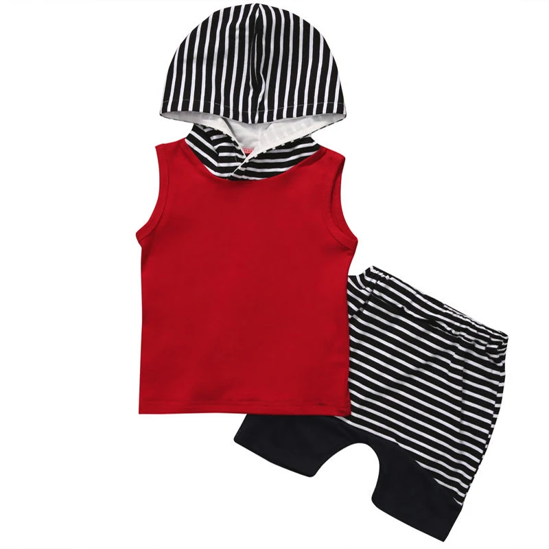 Хлопковый комплект одежды для маленьких мальчиков летний Одежда для новорожденных Roupas Bebe с капюшоном детские летние платья в полоску без рукавов; шорты Горячая Распродажа детской одежды