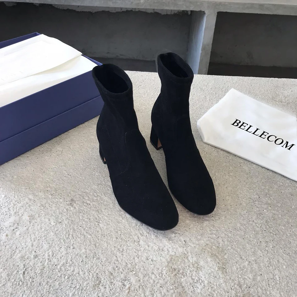 

BELLECOM 2019 Autumn and Winter New Style Woman's Rough heel, European and American Elastic Shoes, Sheepskin Martin Boots