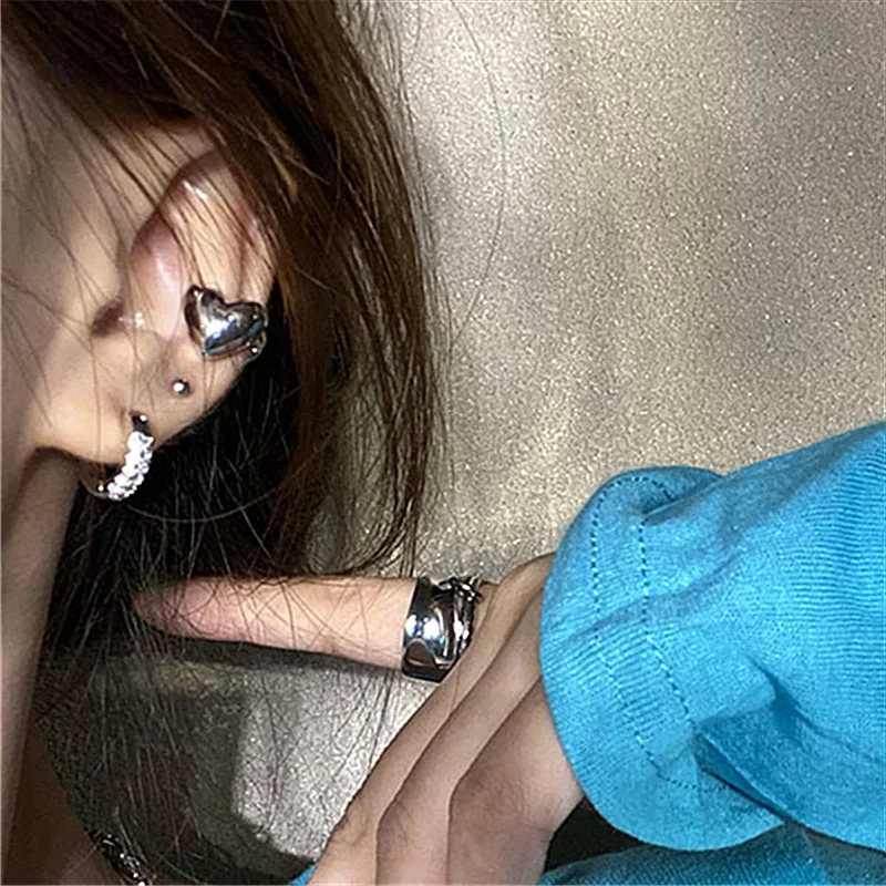 New Korean Silver Color Love Heart Clip on Earrings for Women Simple No Piercing Ear Cuff Wedding Aesthetic Jewelry 1 PC ear clip earrings clip earrings ear clip