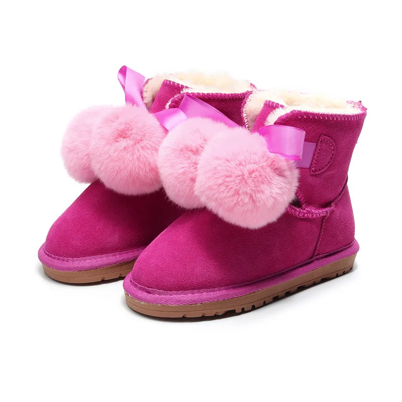 rose pink Детские сапоги из овечьей шерсти; зимние сапоги из натуральной кожи с помпонами и лисьим мехом; сапоги из воловьей кожи на овечьем меху; теплая зимняя обувь на плоской подошве - Цвет: rose pink