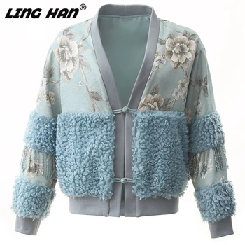 

LINGHAN Designer Luxury Crystals Tassel Flower Print Long Sleeve Autumn Coat Women Vintage Elegant Short Jacket Outwear