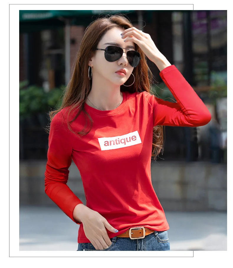 Новая Осенняя Футболка женская хлопковая футболка с длинным рукавом для женщин с принтом букв красная женская футболка повседневные топы футболки Camisetas Mujer