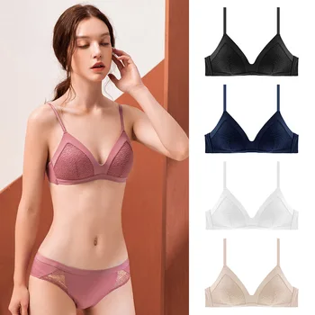 

New Women French Style Triangle Cup Lingerie Set Glossy Seamless Gathered Brassiere for Small Chest with Cotton Briefs