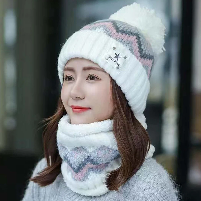 

Winter hat Beanies Women's Hat Scarf Warm Breathable Wool Knitted Hat For Girls Letter Pompom Double Layers Cap