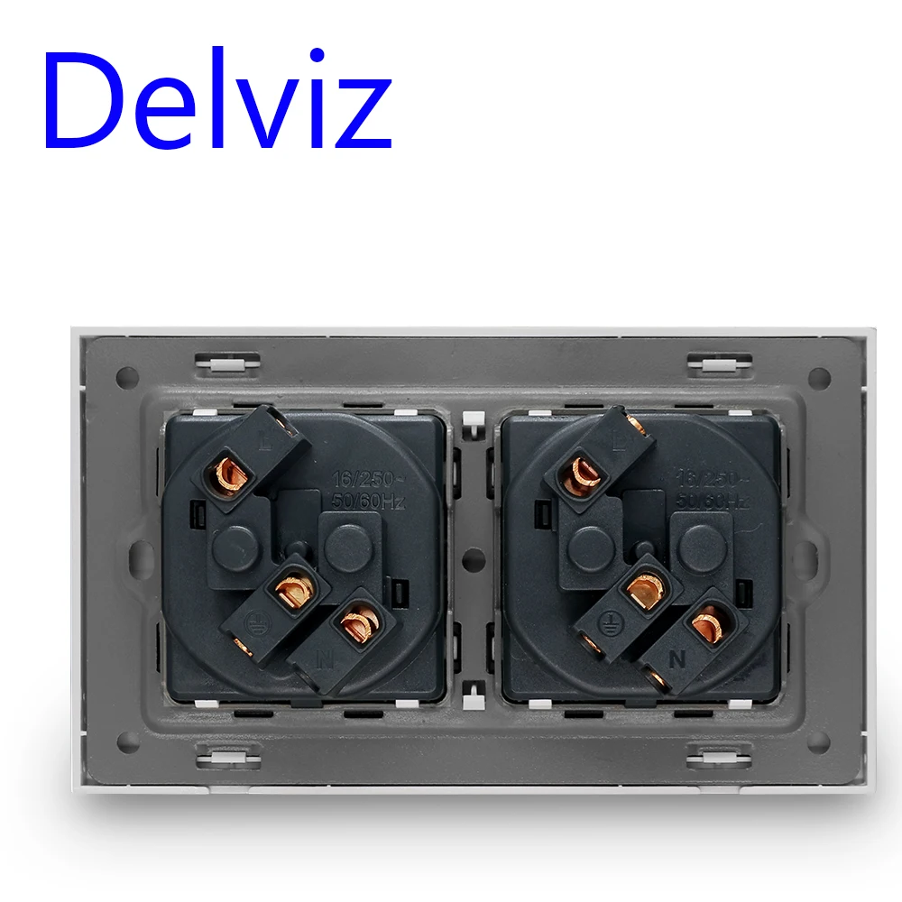Delviz 16A Wall Power Socket, AC 110V~250V Rectangular socket,Gray Tempered Crystal Glass Panel, EU standard power Double Outlet