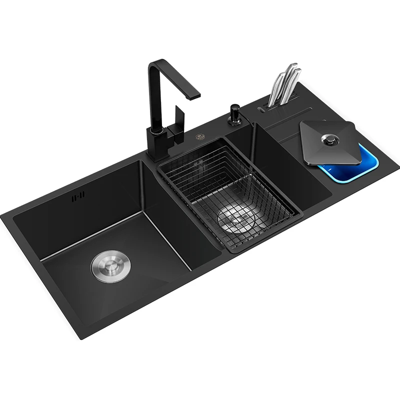 90x50cm Black Kitchen Sink With Thawing Plate Above Counter Stainless