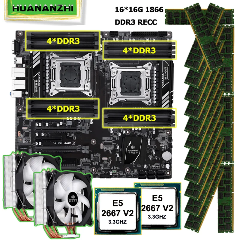Комплект материнской платы HUANANZHI X79-16D 2 процессора Xeon E5 2667 V2 с кулерами ОЗУ 256 ГБ