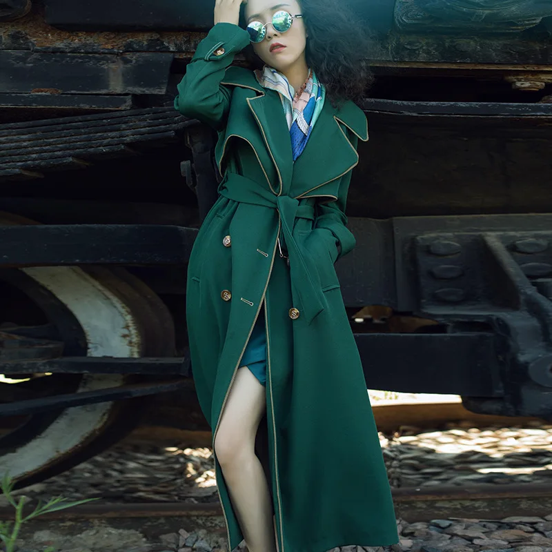 Dark Green Trench Coat Women Fall New Elegant Loose Oversized Long Outerwear British Style Double-breasted Windbreaker With Belt | Женская