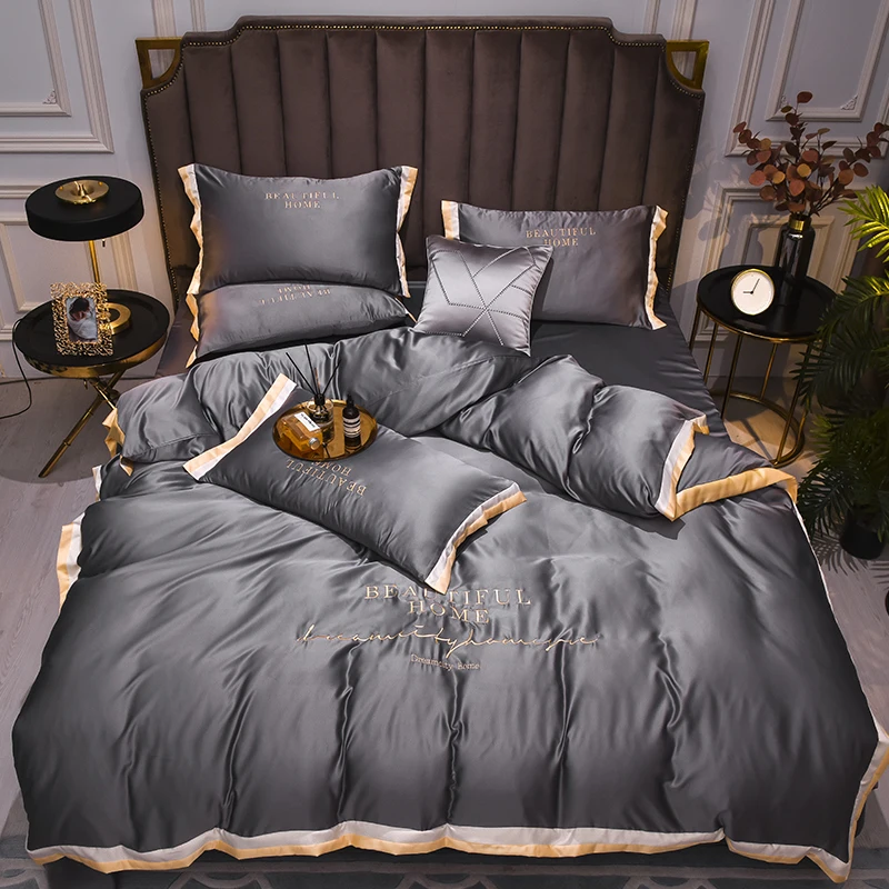 Luxury Bedding Sets Pink Grey White Rayon Embroidery Sheet Quilt Pillowcase Comfortable Soft Fluffy Bedding King Queen 4pcs 