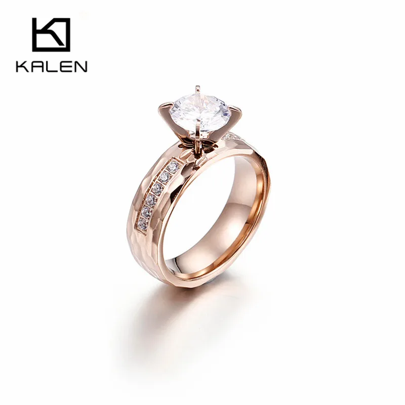 rose gold zircon Кольца для влюбленных, нержавеющая сталь, розовое золото, 6 мм, круглые романтичные свадебные кольца, высокое качество, кольца с кубическим цирконием, ювелирные изделия - Цвет основного камня: rose gold zircon