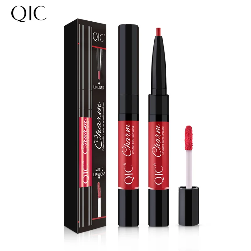 QIC Double-head Lip Gloss Pen 12 Colors Long-lasting Lip Liner Matte Stereo Lip pen Waterproof One Pen Dual Use Outline and Fill