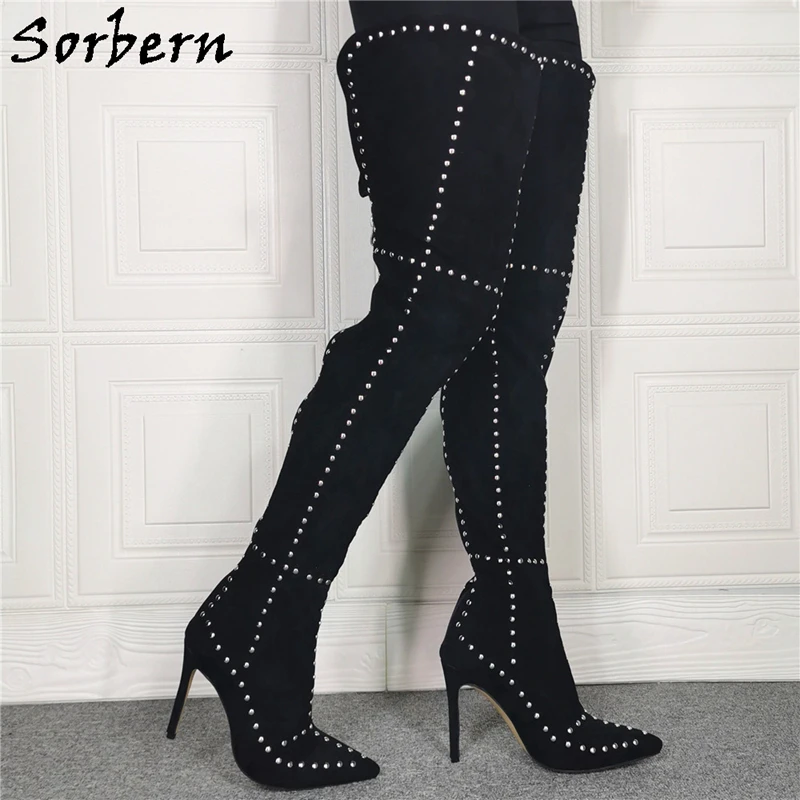 

Sorbern Black Suede Open Back Boots Women Studs High Heel Pointy Toes Long Boot Ladies Customized Wide Fit Thigh Shoes