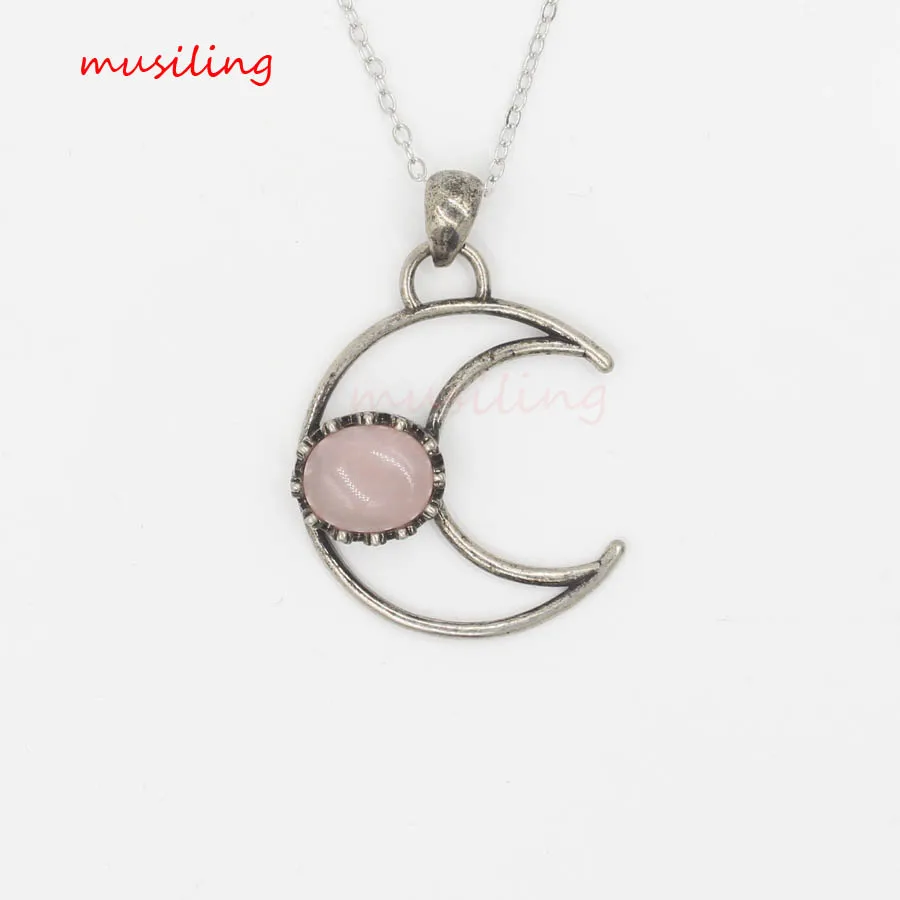 Rose Quartz Полумесяц Кристалл кварц ожерелье подвеска-маятник натуральный камень рейки очаровательные ювелирные изделия для женщин и мужчин - Окраска металла: Rose Quartz