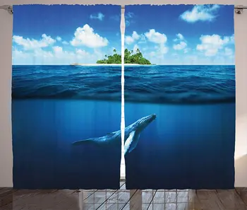 

Island Curtains Island with Palm Trees Whale Underwater Animals Deep Sea Relaxation Picture Living Room Bedroom Window Drapes