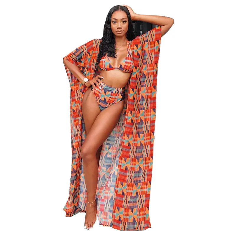 

Beach Summer New Geometric Print Women 3 Piece Set Halter Deep V Neck And High Waist Swimming Bikini And Loose Long Coat D8260
