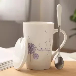 Креативная керамическая чашка с крышкой с ложкой, кофейная чашка, чашка для воды с крышкой, чайная чашка, чашка для молока, Студенческая кружка, стакан, чашка из нержавеющей стали - Цвет: 400ML