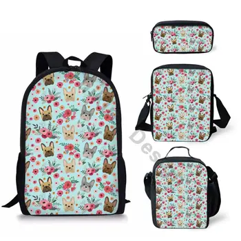 

THIKIN Lovely Cartoon Dogs and Floral School Backpack Set/4Pcs for Girls Boys Schoolbag Children Orthopedic Book Bags Mochila