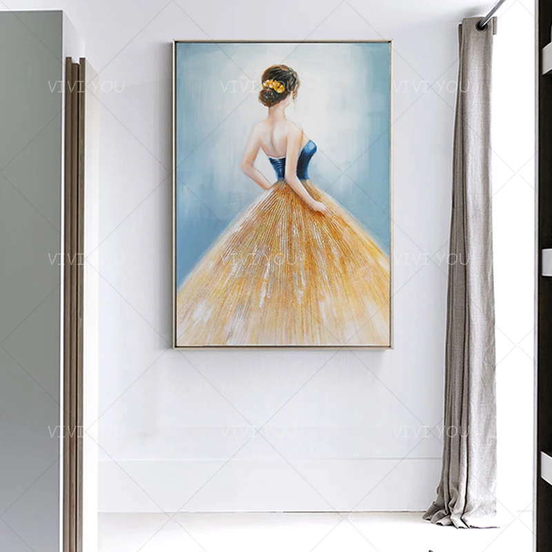 Нежная Девушка одета женщина Pinke желтый синий картина маслом холст ручная работа