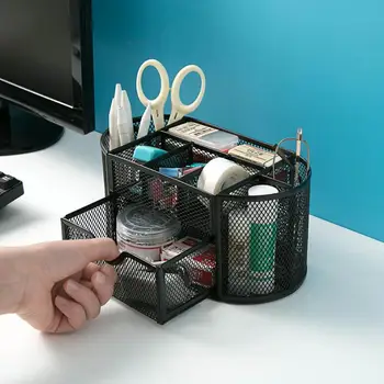 

Iron Desktop Storage Basket with Drawer Sundries Stationery Organizer Pen Pencil Storage Rack Shelf Table Organizer