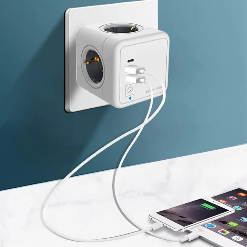 Power Strip EU Plug with USB Smart Socket Charger Travel Home Adapter 4 Outlet Port Grounded Wall Holder Cube Power Strip