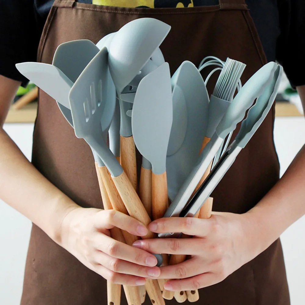 

New Silicone Cooking Kitchen Utensil Set 12pcs Non-stick Cookware Utensil Set Kitchen Gadgets Tools with Holder Wooden Handles