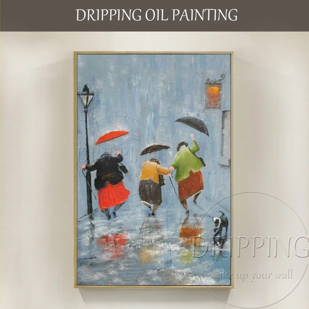 

Hand-painted High Quality Abstract Modern Artwork 3 Women Running in Rainy Oil Painting Funny Woman Run in Street Oil Painting