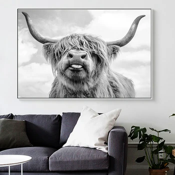

Black And White Yak Highland Cow Wild Animal Oil Painting on Canvas Posters and Prints Cuadros Wall Art Pictures For Living Room