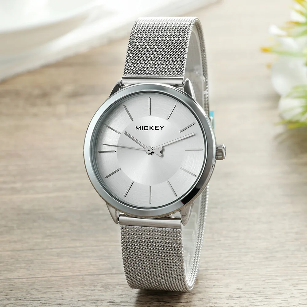 Disney Mickey Mouse Women Quartz Watch 3Bar Waterproof Simple Fashion Cute Round stainless steel Strap Women Watches Gift Alloy - Цвет: Белый