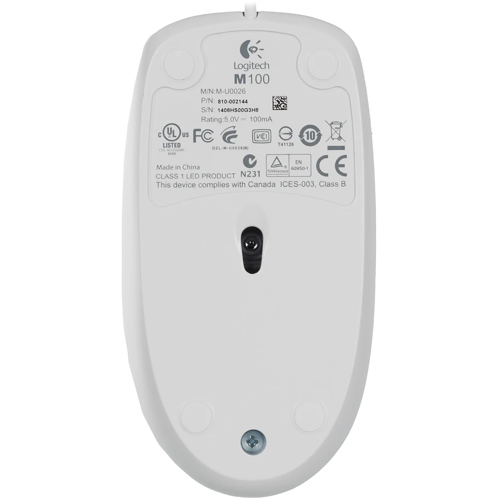 Мышь LOGITECH M100, проводная, USB, белый
