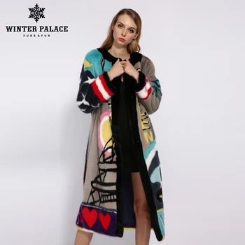 

WINTER PALACE 2019 Winter Fashion Mink Coat Round Neck Imported Velvet Grade Long Mink Fur Coat Mix And Match Pattern Fur Coat