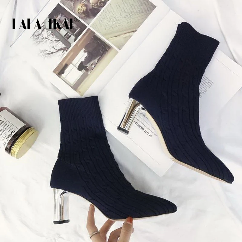 LALA IKAI Women Black Ankle Boots Slip-on Chunky Heels Boots Stretch Fabric Sock Pumps Female Knitted Pointed Toe Boots WC5500-4