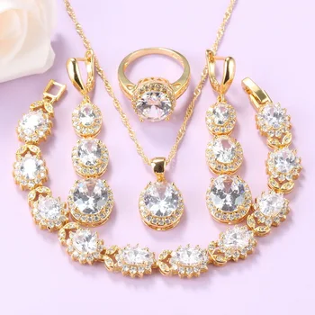 

Elegant Wedding Costume Gold Color Bridal Jewelry Sets AAA+ Quality White Zircon Necklace And Earrings Sets Ring Size 6/7/8/9/10