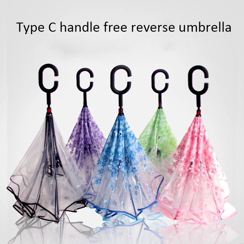 

Reverse Transparent Umbrella Double Layer Inverted Windproof C Handle Windproof Rain Car Umbrellas For Woman Rain Gear