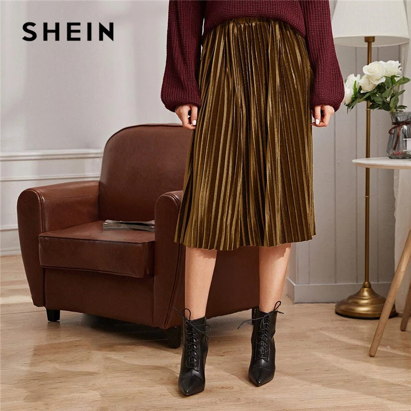 SHEIN однотонная плиссированная бархатная Гламурная юбка женская нижняя часть зимняя уличная Высокая талия Осенняя Элегантная Дамская базовая юбка миди