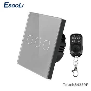 

Esooli 3 Gang 1 Way Crystal Glass Panel wall light EU Touch Switch Gray Wireless Switch AC 250V Remote Control Switch